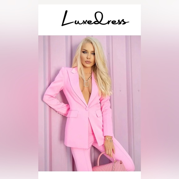 NEW! CHIC SKINNY LEG LAPEL SINGLE BREASTED TAILORED BLAZER MATCHING SET - PINK - Picture 2 of 6